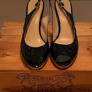 BCBG black patent leather open-toe heels. Size 10